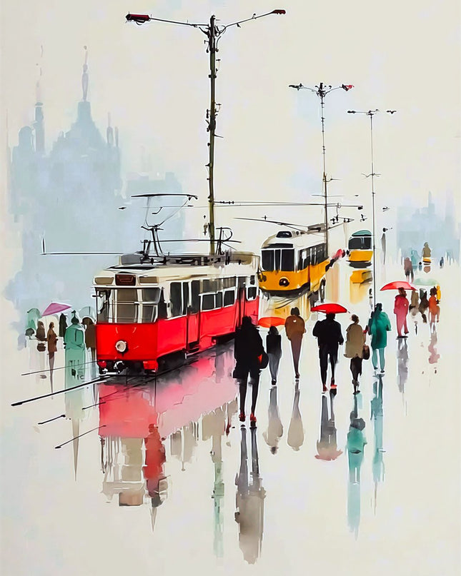 City Trams in the Rain
